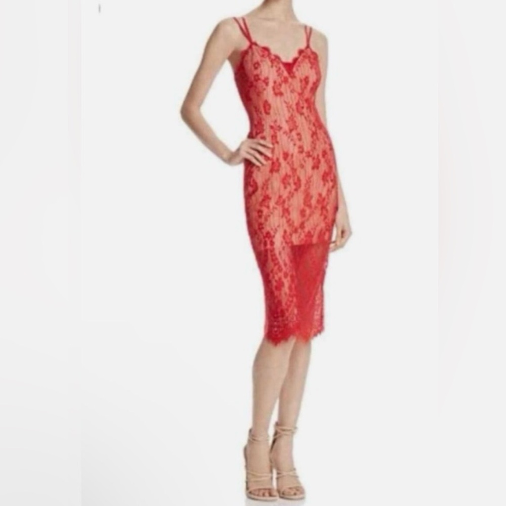 KEEPSAKE Love Affair Red Lace overlay slip midi dress M/6